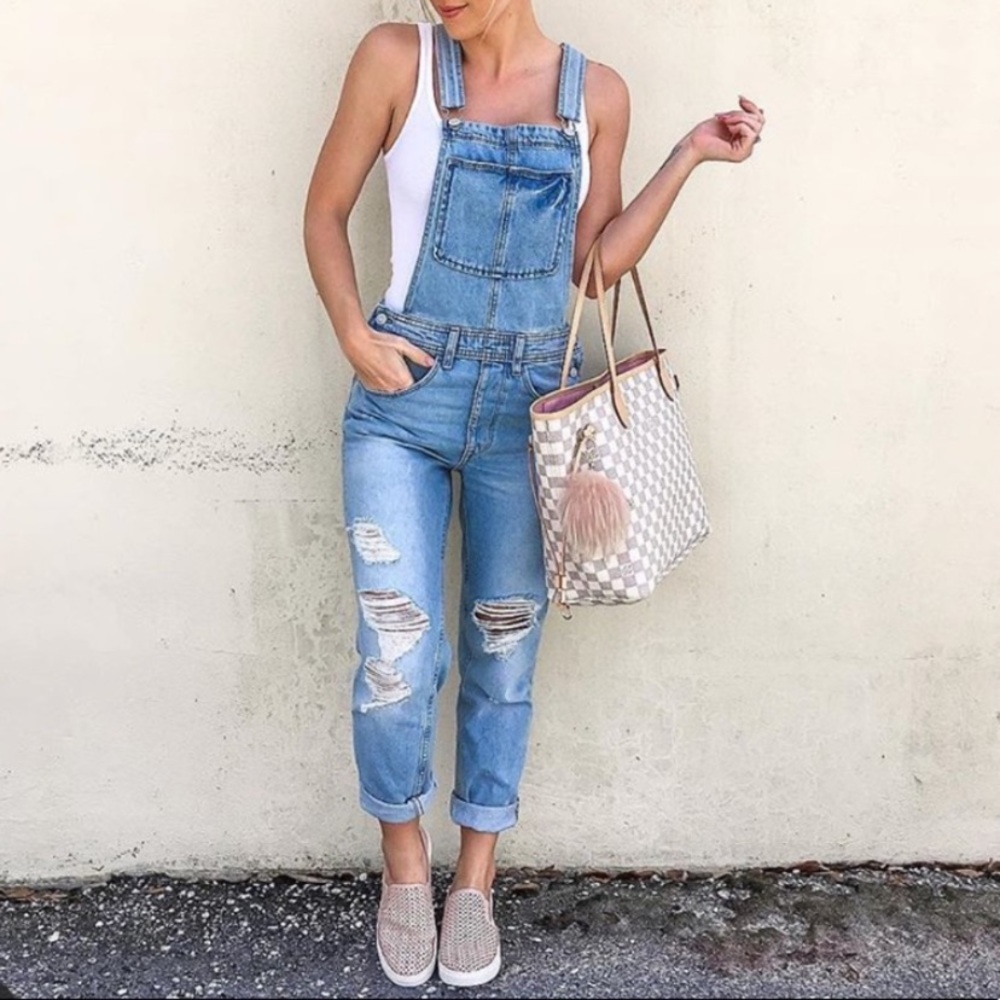 H&M Light Washed Destroyed Denim Overalls